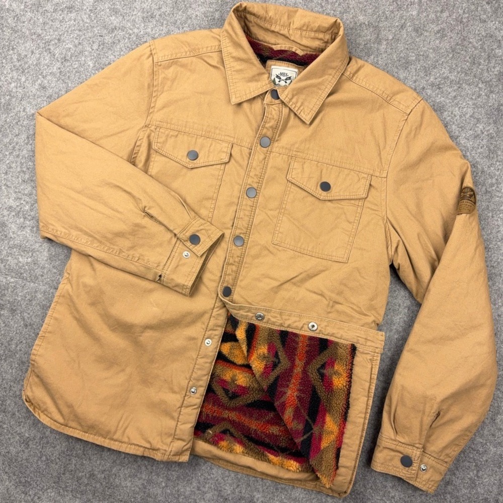 MBX Shirt Jacket Mens Small Tan Canvas Fleece Lined Aztec Southwestern Work Coat